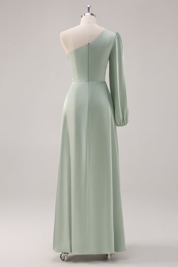 Sage Green A Line One Shoulder Bridesmaid Dress with Slit